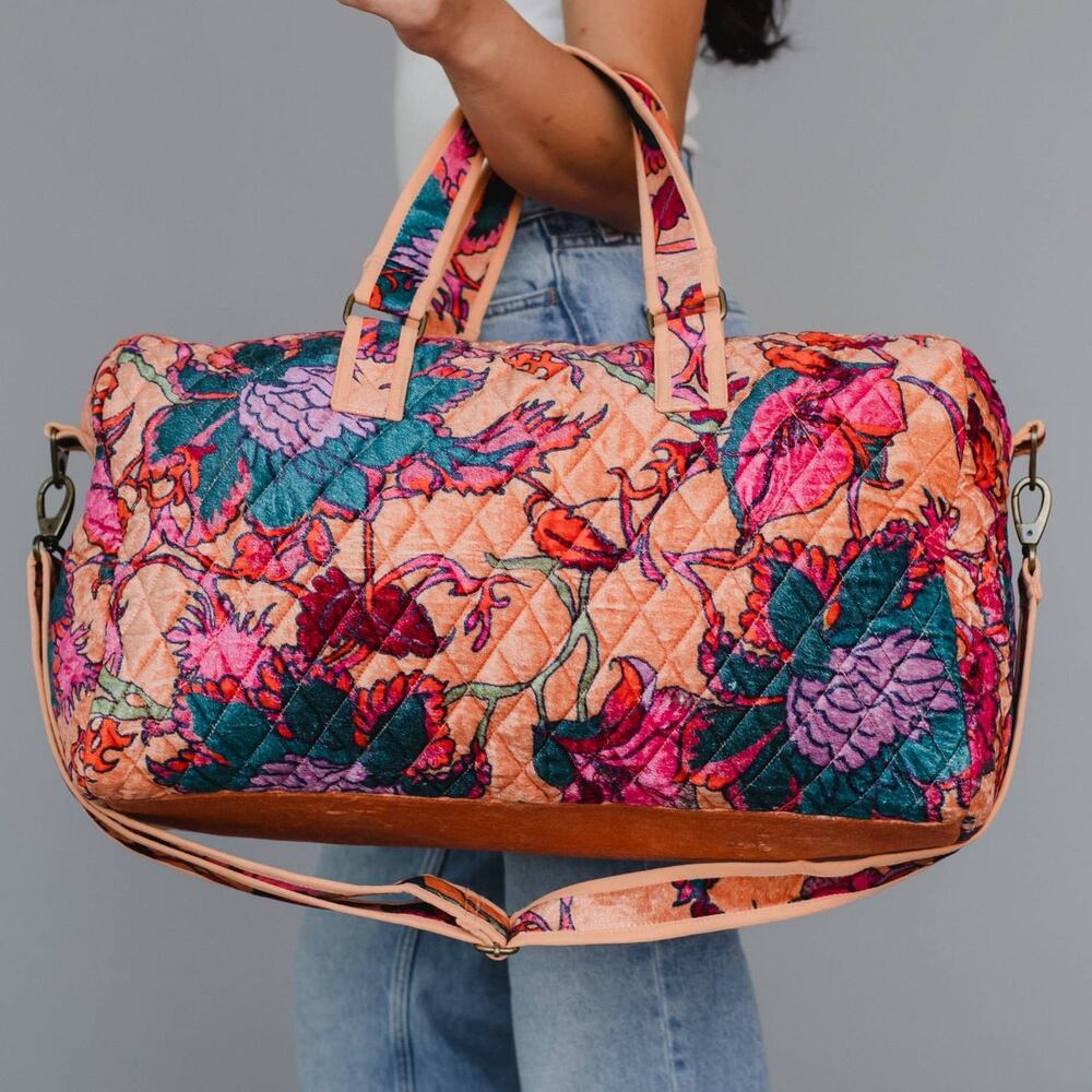 Light Orange & Multicolored Velvet Floral Duffel Bag